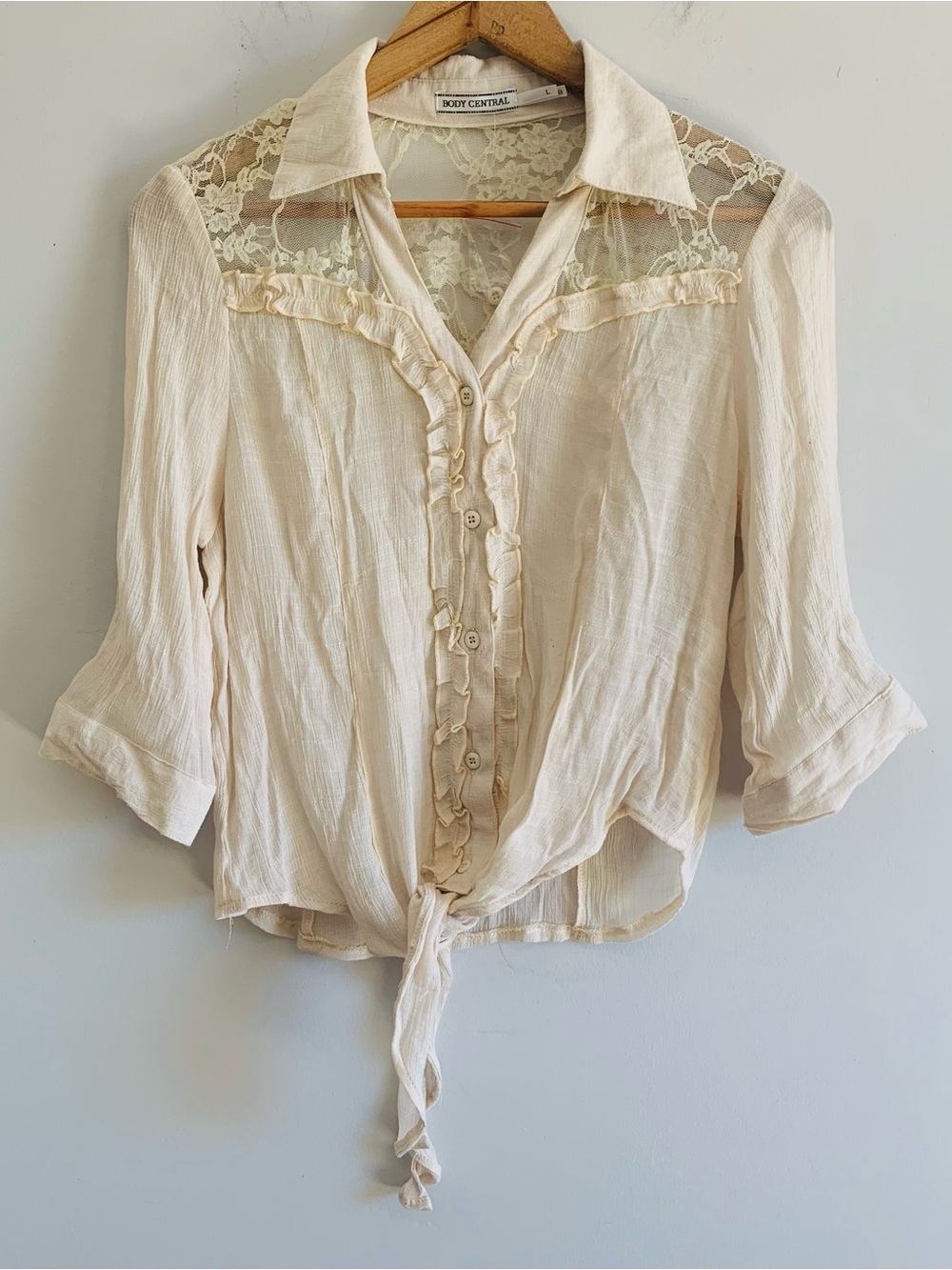 Women’s Semi Sheer Cream Lace-Trim Tie-Front Blouse
